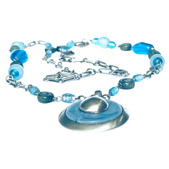 Jewelry - Silver Tone Glass Bead Pendant Nec…